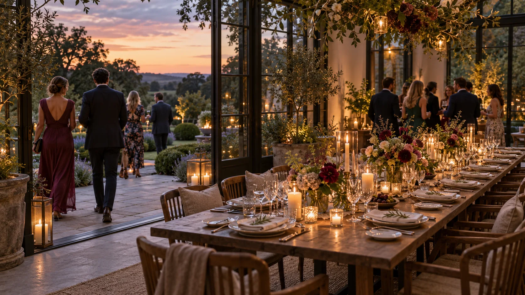 Guests dining in a softly lit orangery